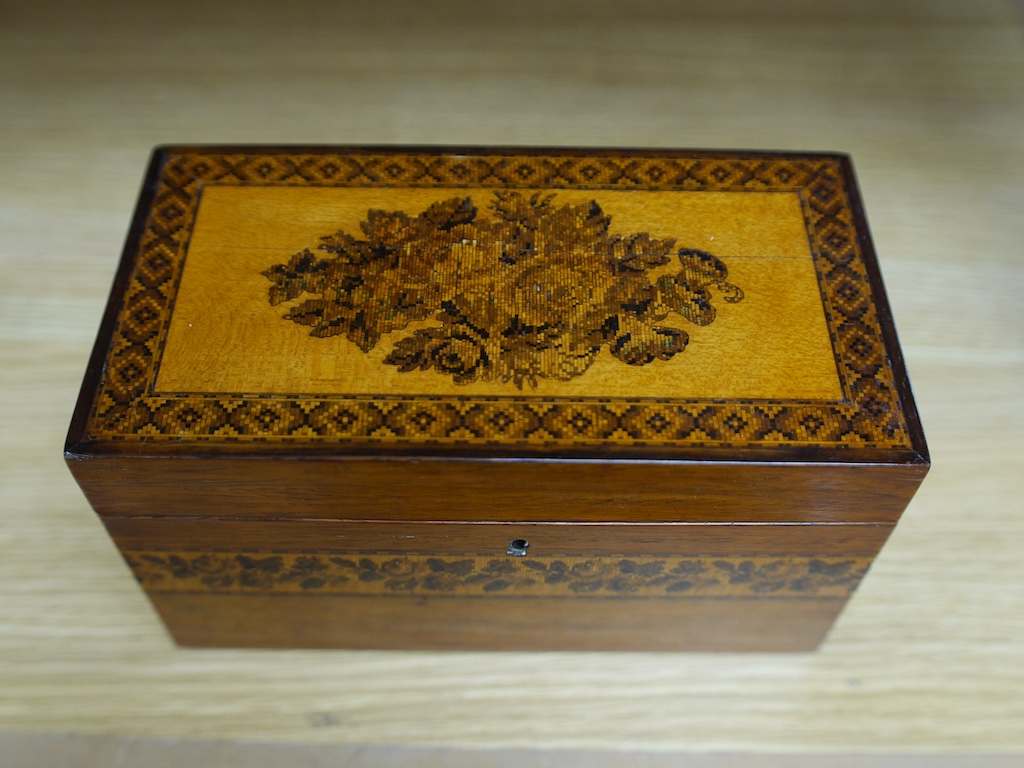 A Victorian Tunbridgeware rosewood tea caddy, 22cm wide. Condition - fair to good, some minor cracking